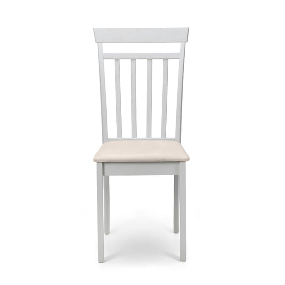 White chair with a cream cushion on a white background