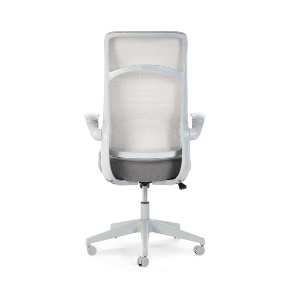 Gray office chair with mesh backrest on a white background