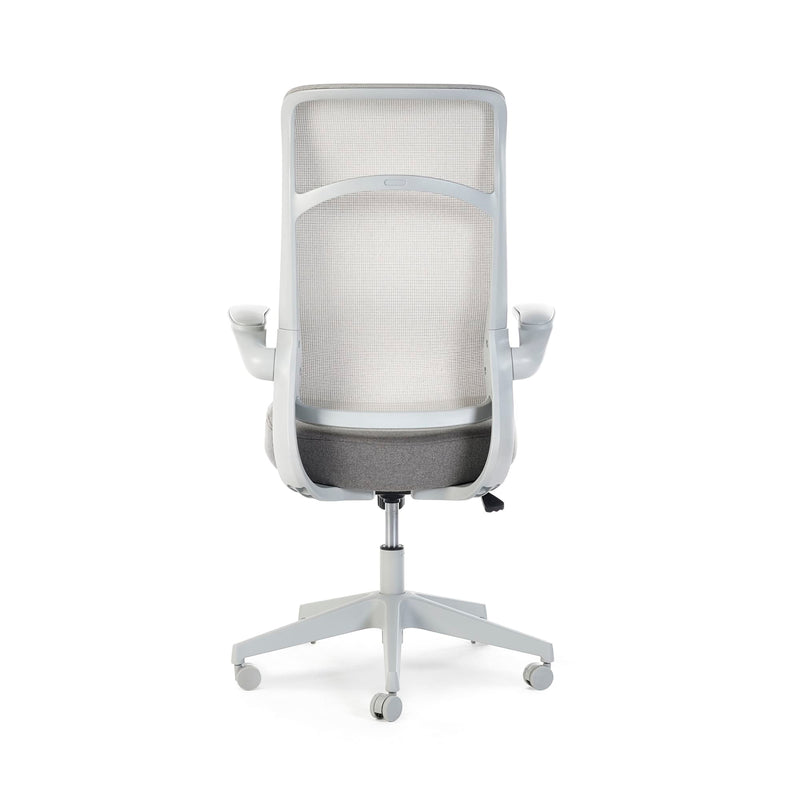 Gray office chair with mesh backrest on a white background