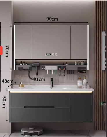 Smart Grey Bathroom Vanity with LED Mirror Cabinet