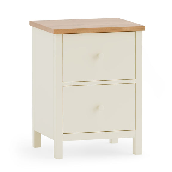 White nightstand with wooden top on a white background