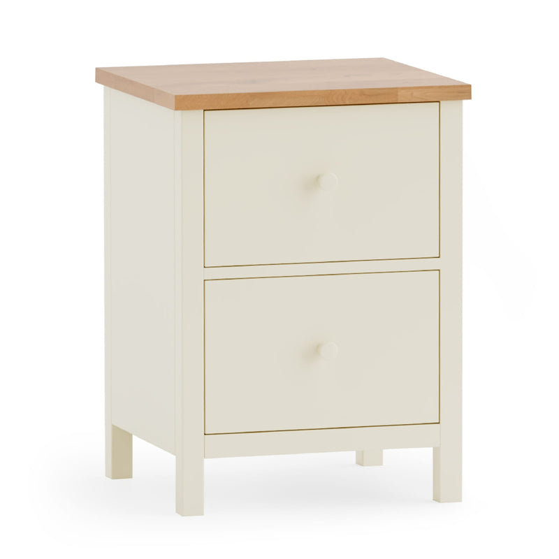 White nightstand with wooden top on a white background