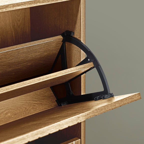 Wooden shelf with a black metal bracket on a neutral background