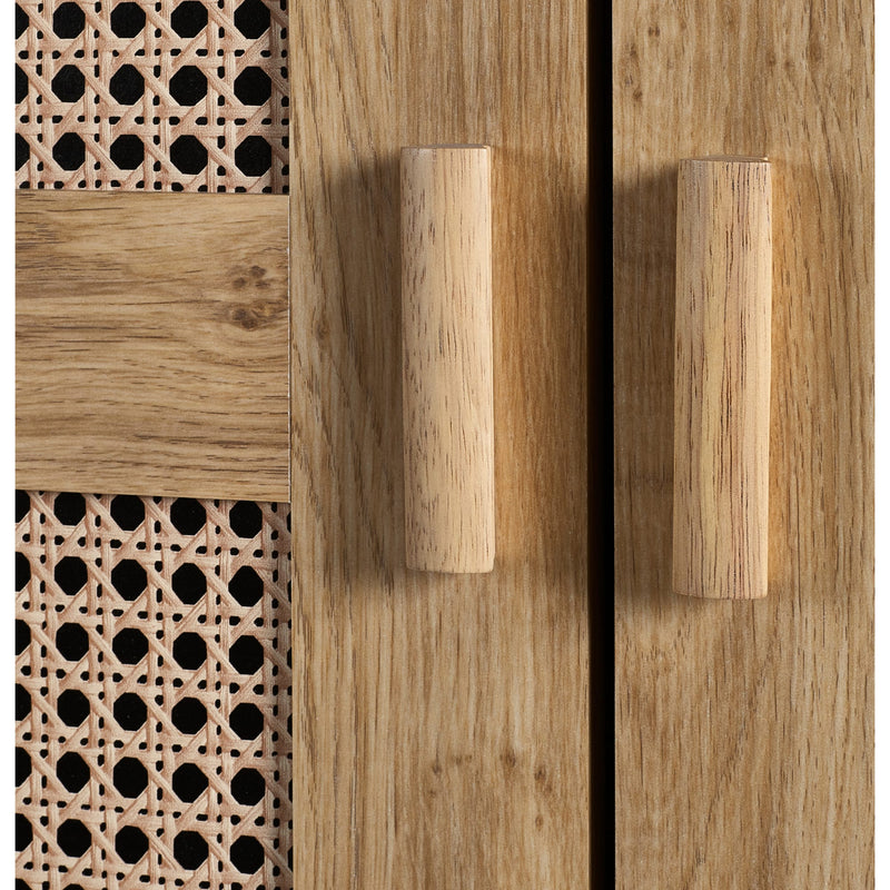 Wooden cabinet with two handles on a wooden panel background