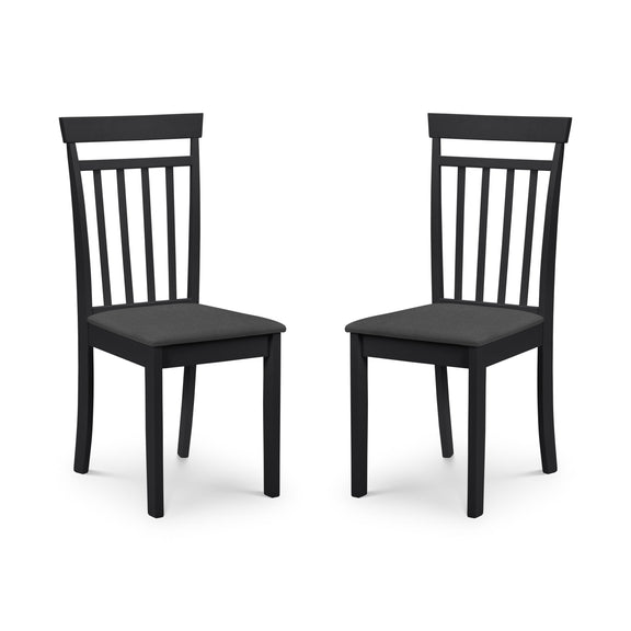 Two black chairs with cushioned seats on a white background