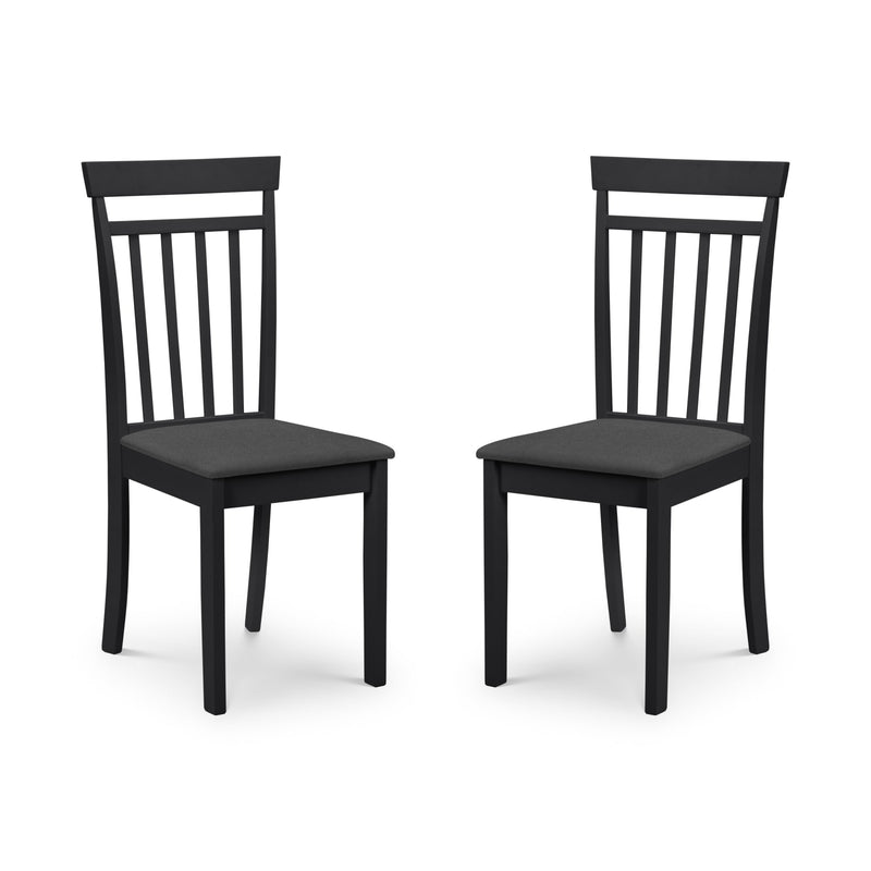 Two black chairs with cushioned seats on a white background