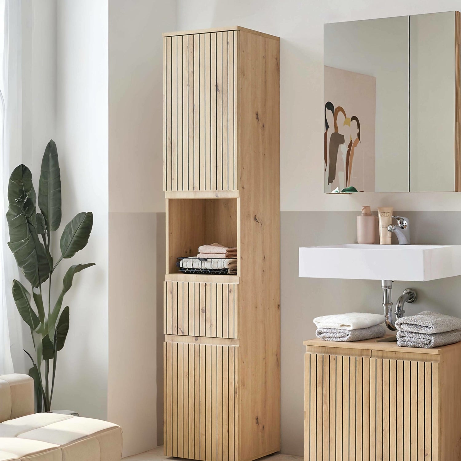 Bathroom with wooden tall cabinet and sink area