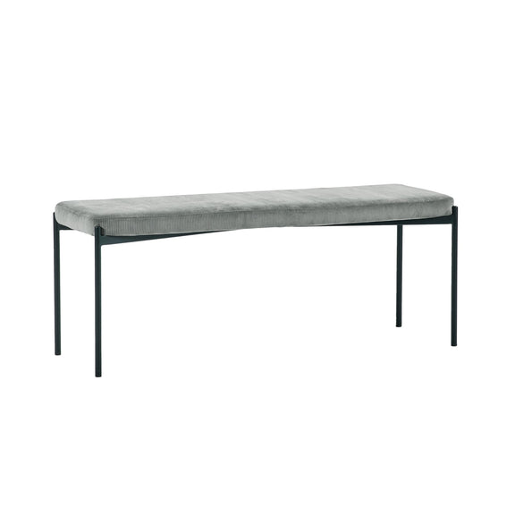 Curved gray table with black metal legs on a white background