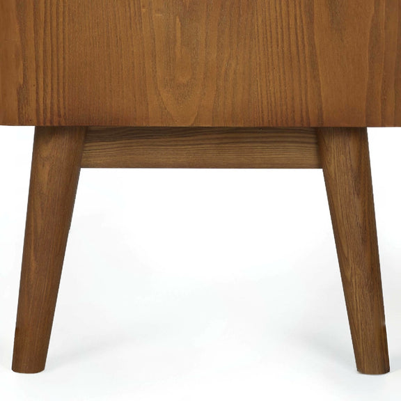 Close-up of a wooden side table with a white background