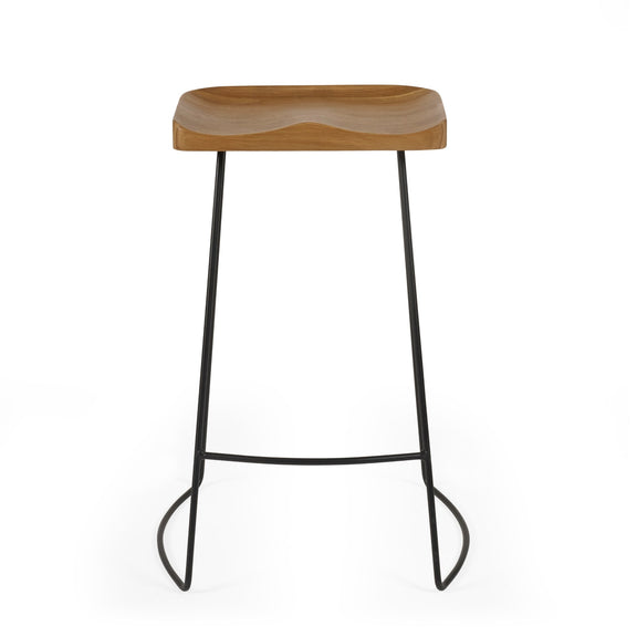 Bar stool with wooden seat and black metal legs on a white background