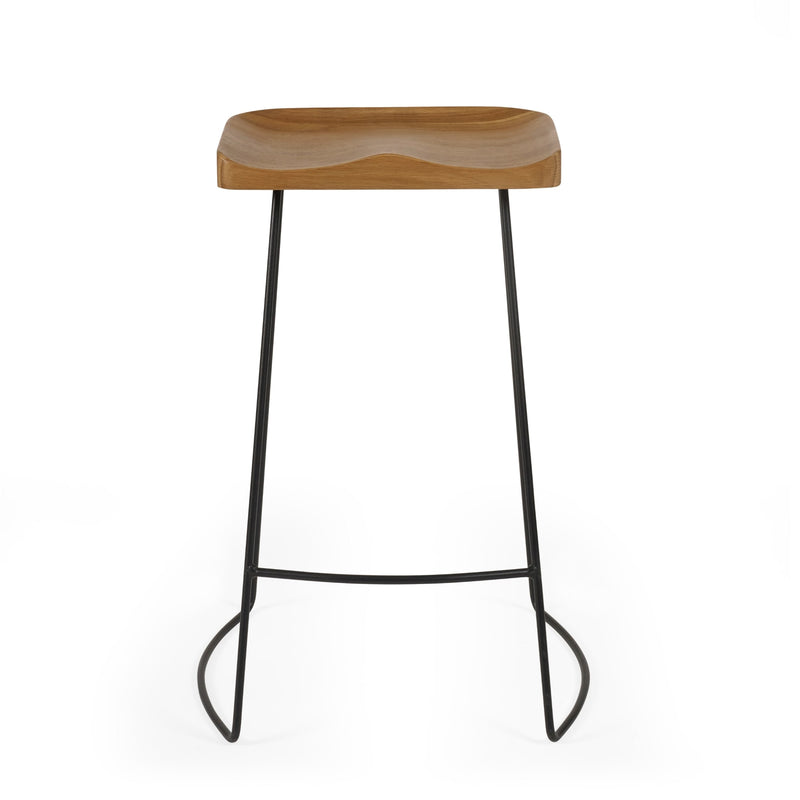 Bar stool with wooden seat and black metal legs on a white background