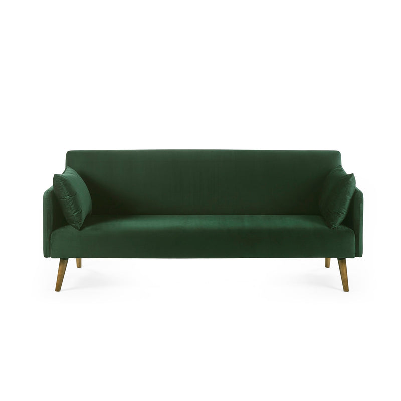 Green sofa with wooden legs on a white background