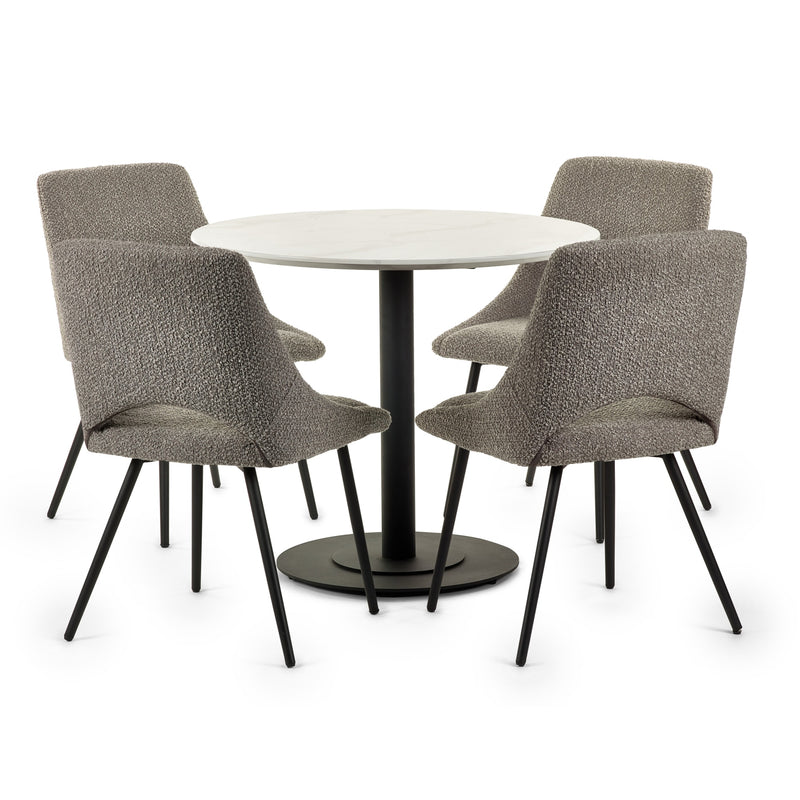 Round white table with four gray chairs on a white background