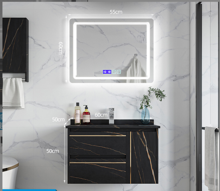 Black Rock Slab Vanity with LED Mirror and Wall Storage