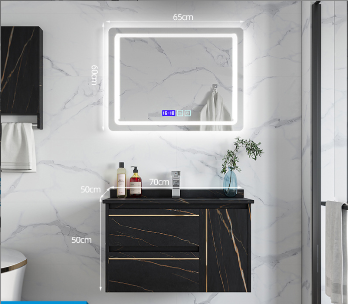 Black Rock Slab Vanity with LED Mirror and Wall Storage