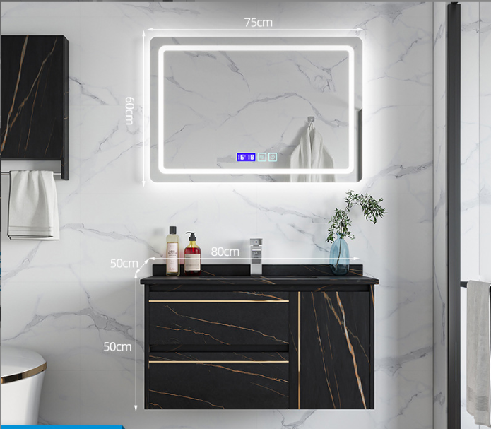 Black Rock Slab Vanity with LED Mirror and Wall Storage