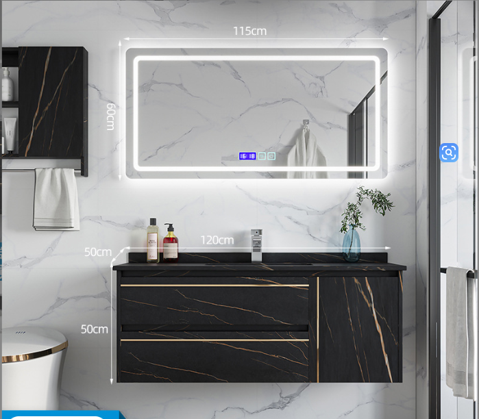 Black Rock Slab Vanity with LED Mirror and Wall Storage