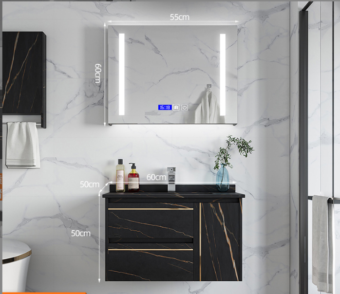 Black Rock Slab Vanity with LED Mirror and Wall Storage