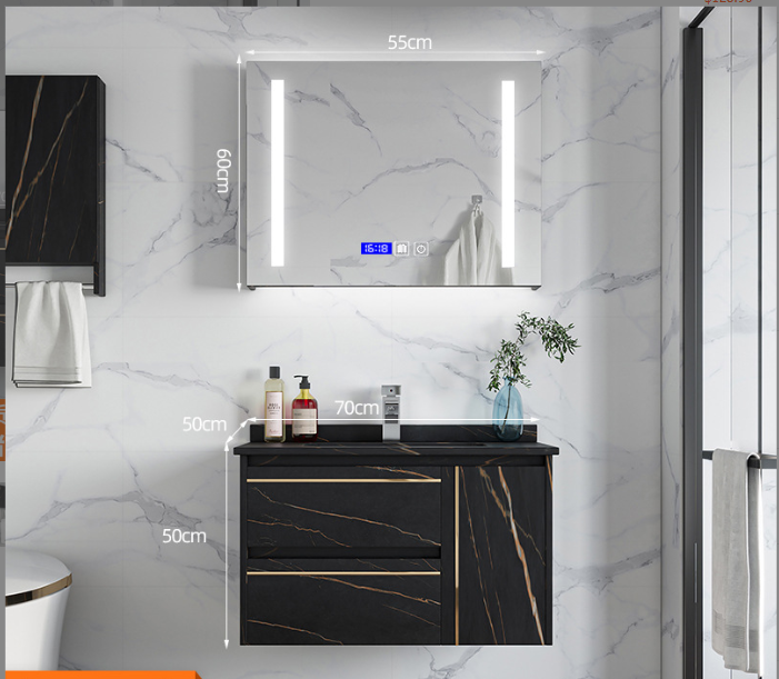 Black Rock Slab Vanity with LED Mirror and Wall Storage