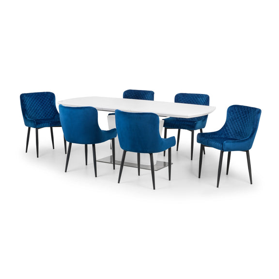 White round table with six blue chairs on a white background