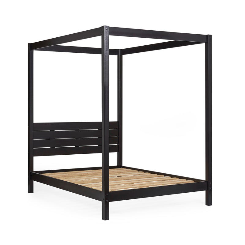 Black metal canopy bed frame on a white background