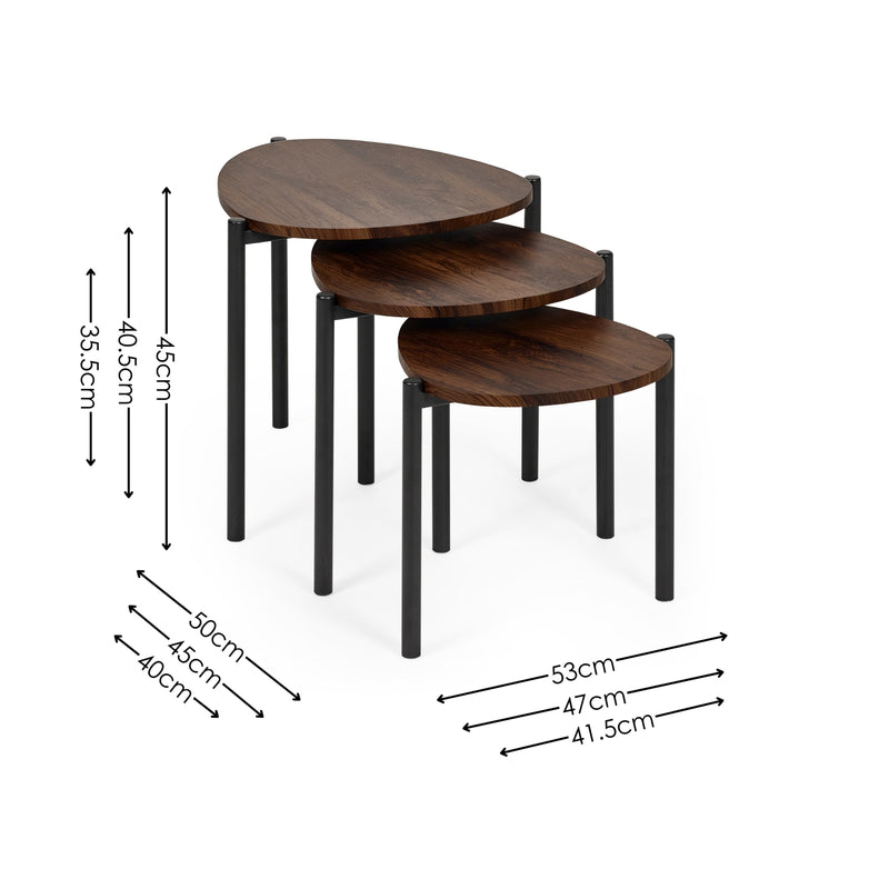 Set of three wooden nesting tables with dimensions on a white background