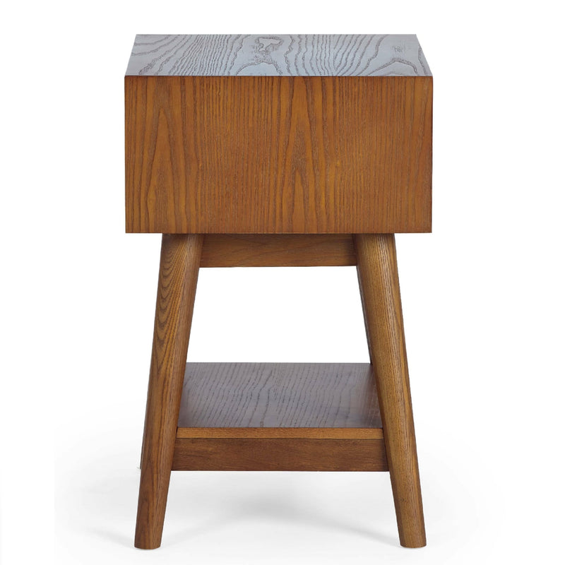 Wooden side table with a gray textured top on a white background