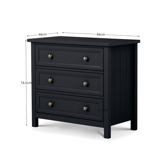 Black dresser with dimensions on a white background