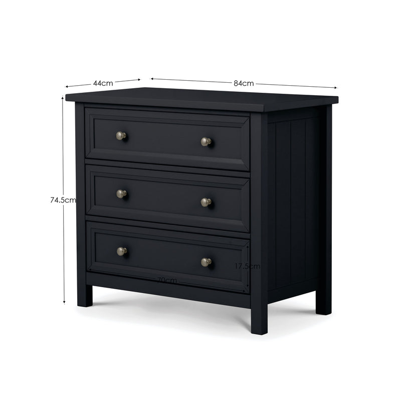 Black dresser with dimensions on a white background