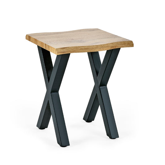 Small wooden table with black metal legs on a white background