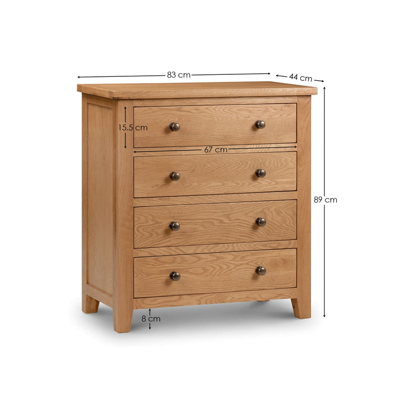Wooden chest of drawers with dimensions labeled on a white background