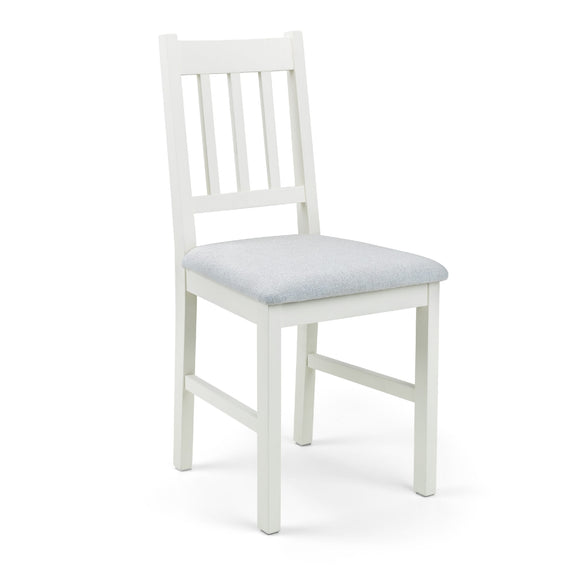White wooden chair with a light gray cushion on a white background
