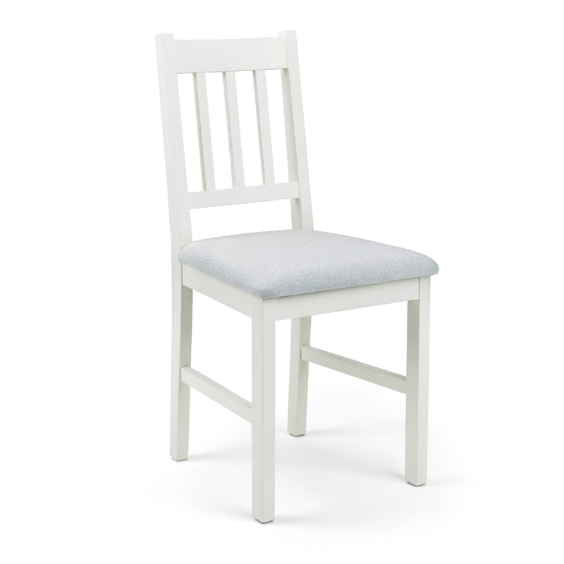 White wooden chair with a light gray cushion on a white background