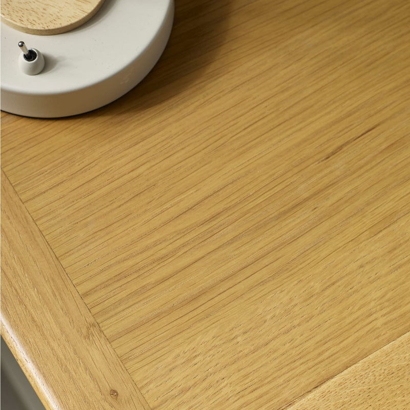 Close-up of oak effect tabletop with natural wood grain finish
