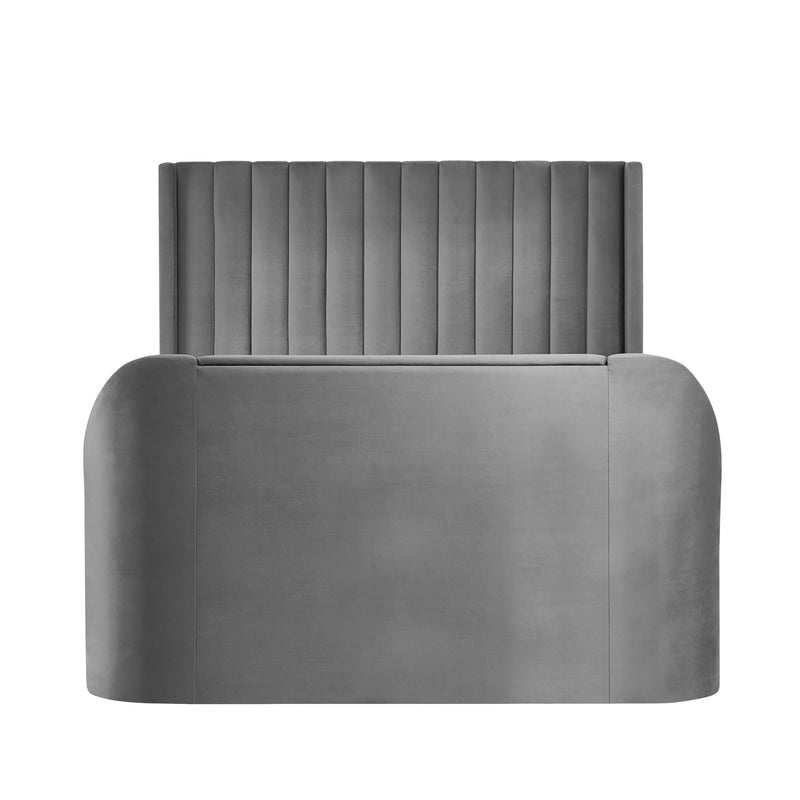Gray upholstered headboard with a textured top panel on a white background