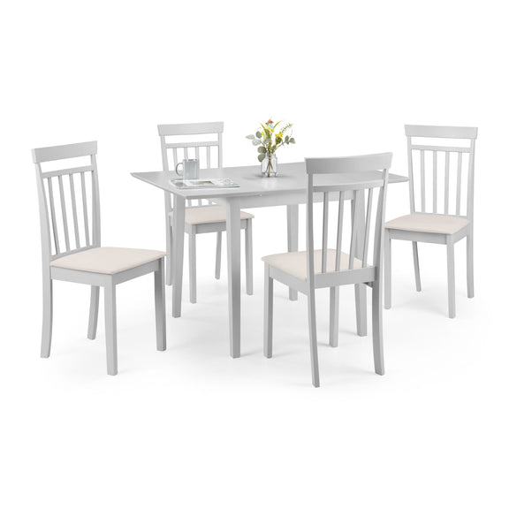 Gray dining table with four matching chairs on a white background