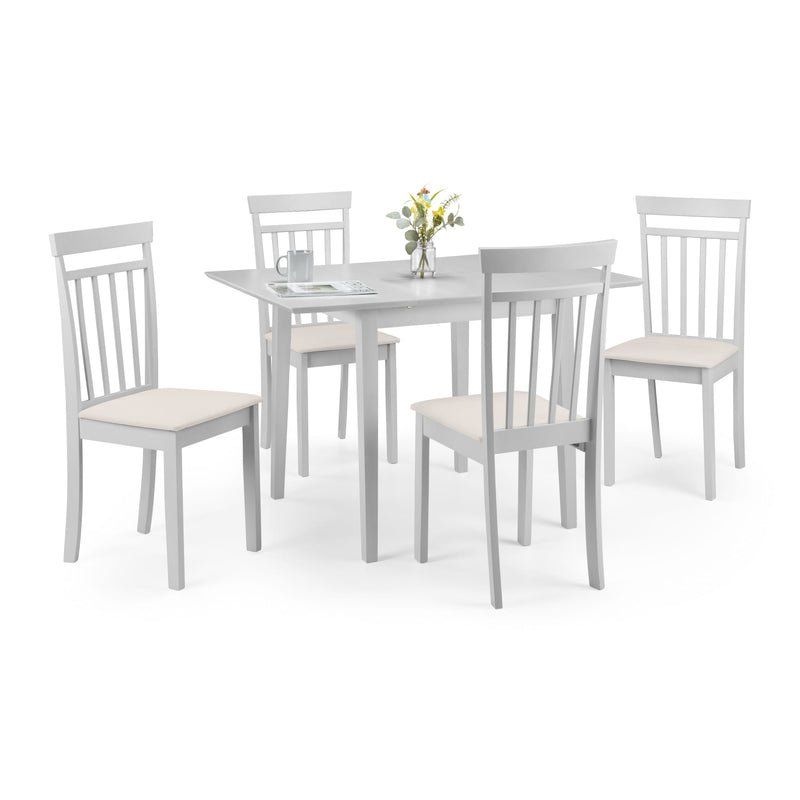 Gray dining table with four matching chairs on a white background