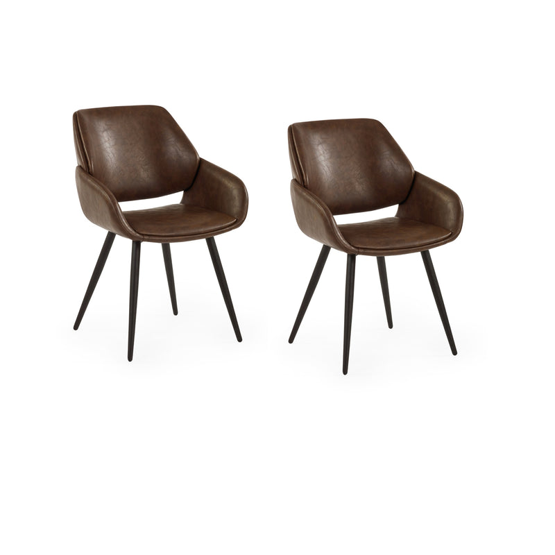 Two brown leather chairs with black legs on a white background