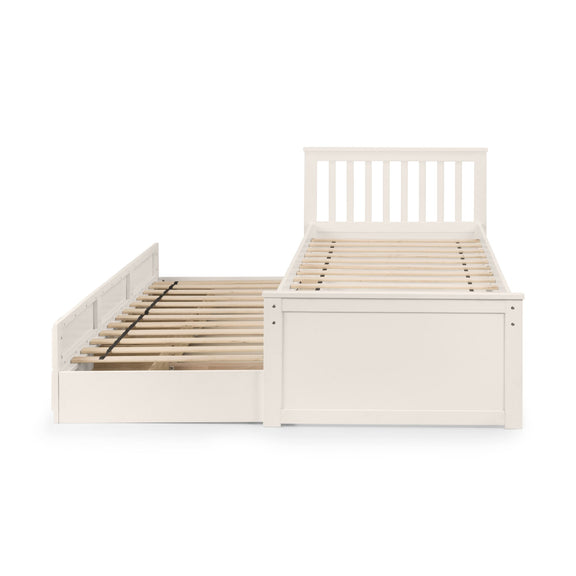 White wooden bed frame with storage drawers on a white background