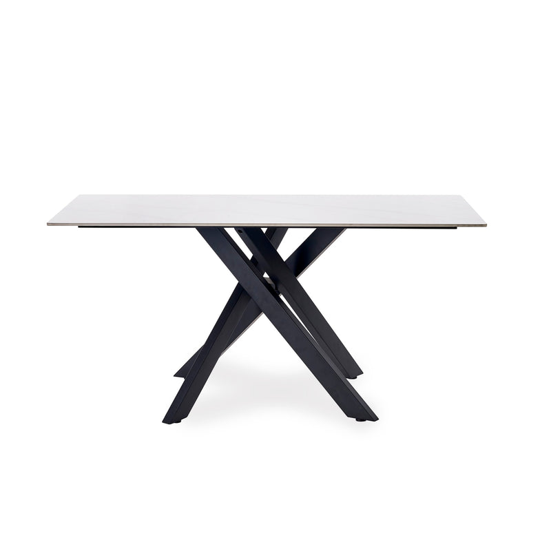 Rectangular table with a white top and black metal legs on a white background