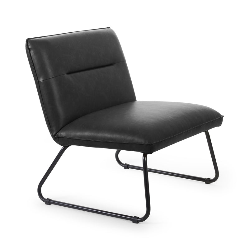 Black leather chair with metal frame on a white background