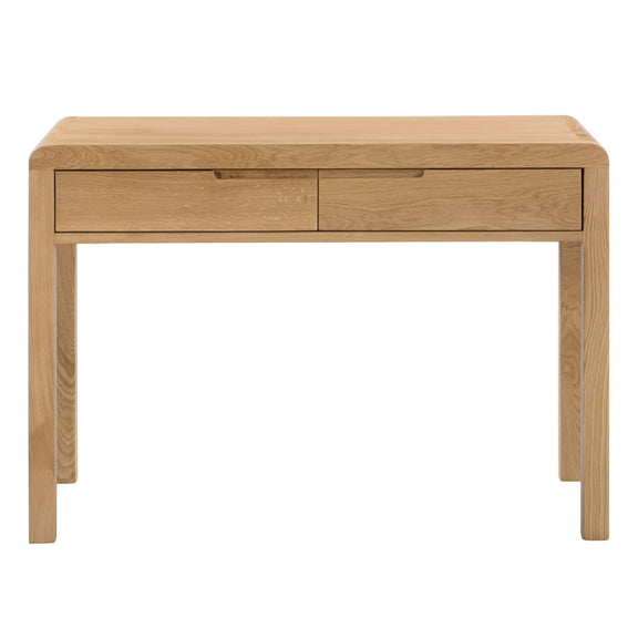 Wooden console table with two drawers on a white background