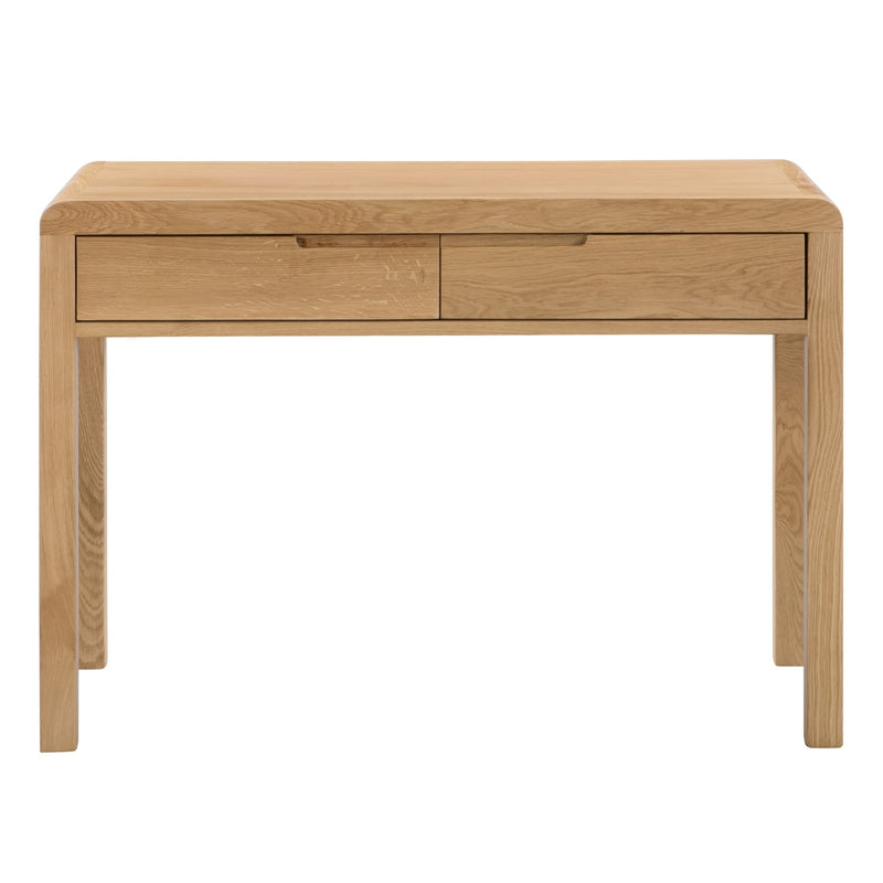 Wooden console table with two drawers on a white background