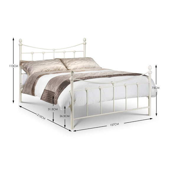 White metal bed frame with dimensions on a white background