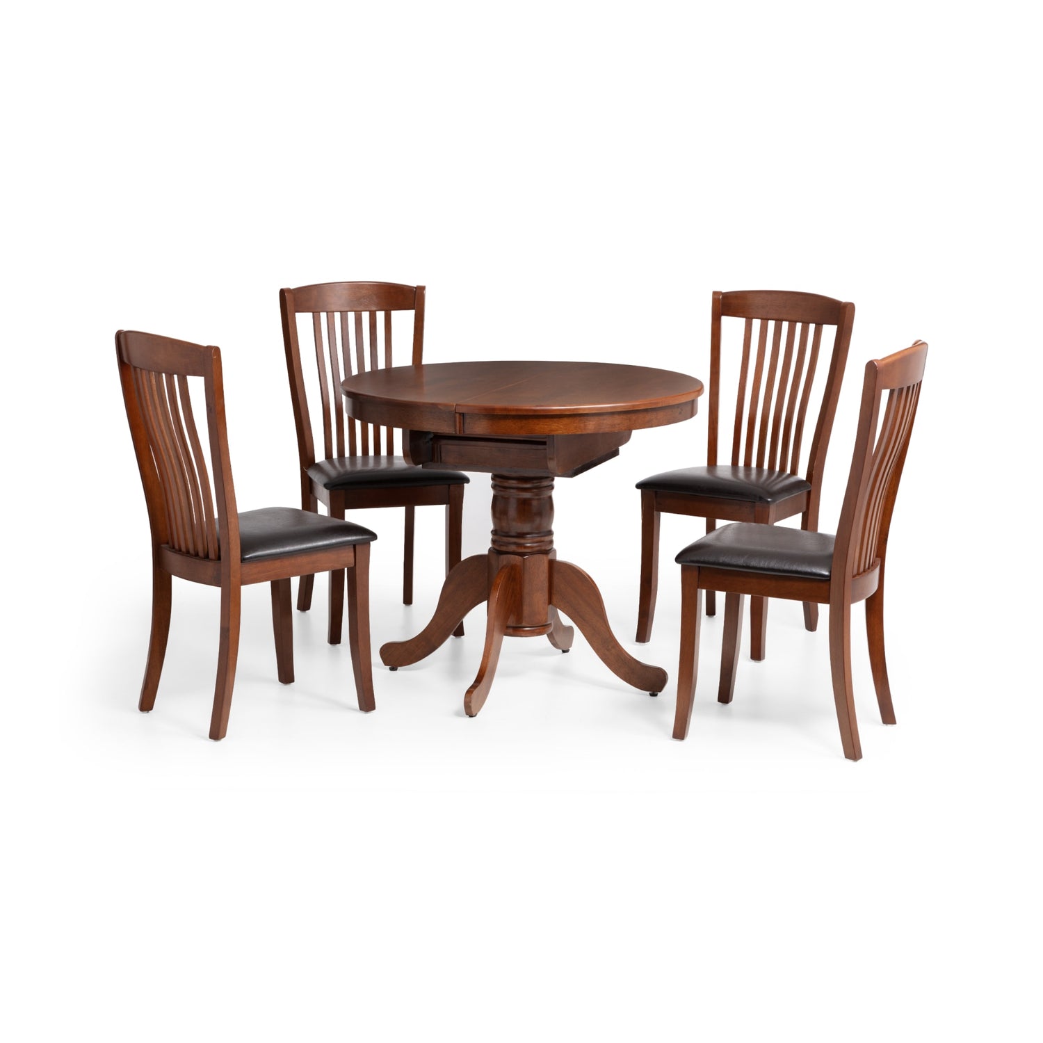 Wooden dining table with four matching chairs on a white background