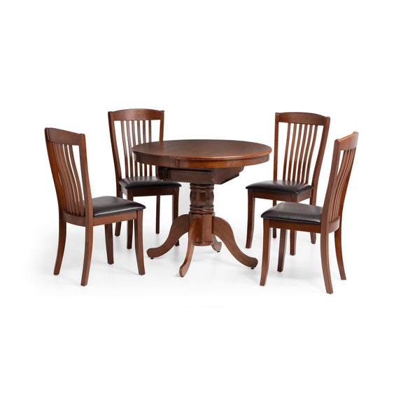 Wooden dining table with four matching chairs on a white background