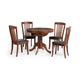 Wooden dining table with four matching chairs on a white background