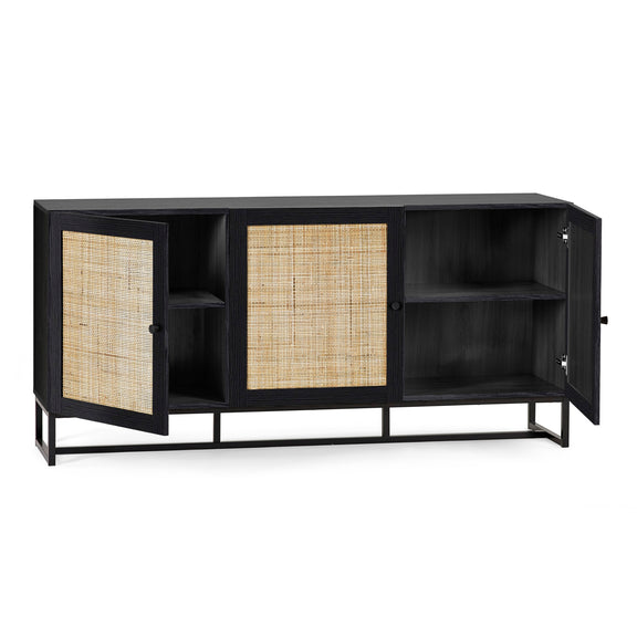 Black cabinet with rattan doors on a white background