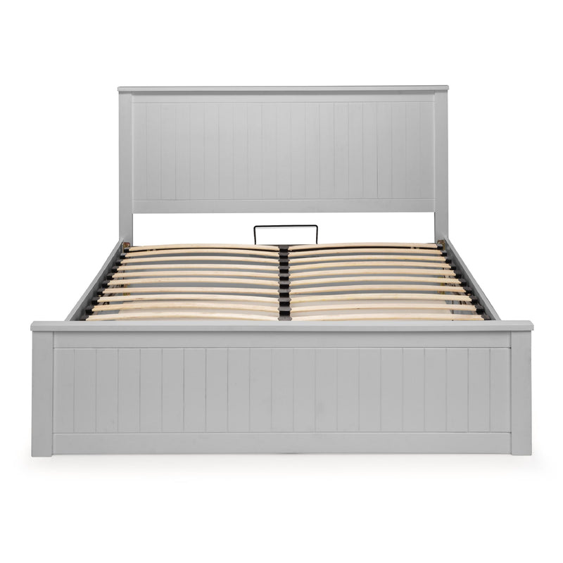 Gray wooden bed frame with slatted headboard on a white background