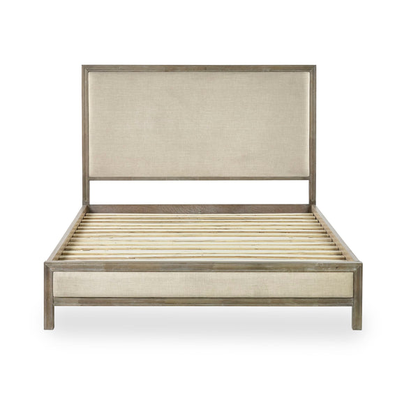 Wooden bed frame with upholstered headboard on a white background